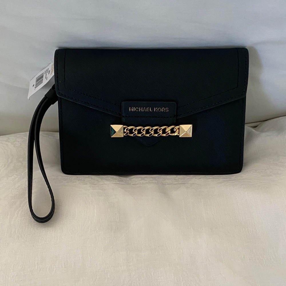 Michael Kors Black Clutch with Gold Chain Detail